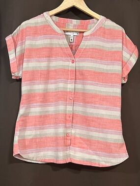 Aventura Coral and Cream Striped Button-Front Top